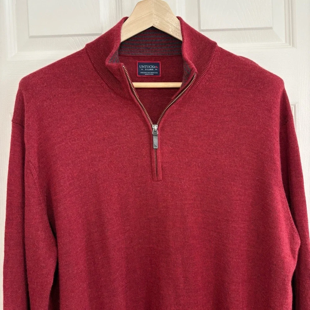 UNTUCKit 'Belguardo' Red 100% Extra Fine Merino Wool 1/4 Zip Sweater Men XL - Picture 5 of 12